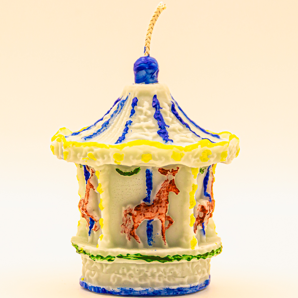 AVEROY Wachslichter - Weihnachtskerze "Karussell" Sojawachs in Weiß/Blau mit Duft Weihnachtsmarkt b